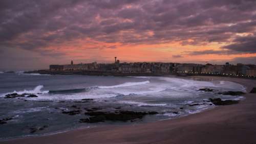 Coruña City Galicia Riazor Dawn Sea Temporary