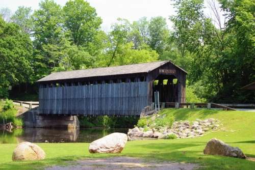 Covered Bridge Water Grass Nature Sky Country
