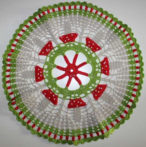 Crochet Hand Labor Green Red White Tablecloth