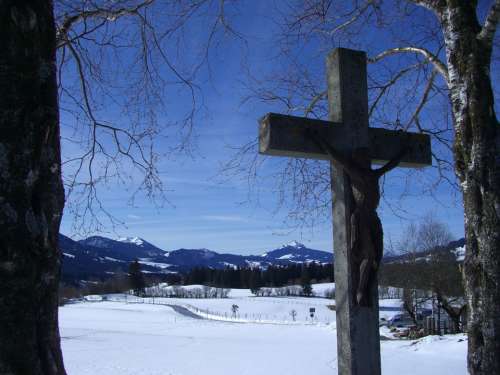 Cross Stone Cross Winter Snow Mountain Panorama