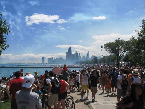 Crowd Chicago Lake Front Skyline Urban City Lake