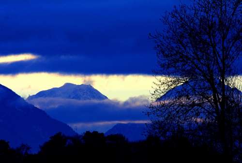 Dawn Mountain Clouds Landscape Blue