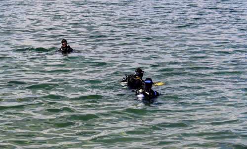 Divers Diver Group Testing Descend Before Lake