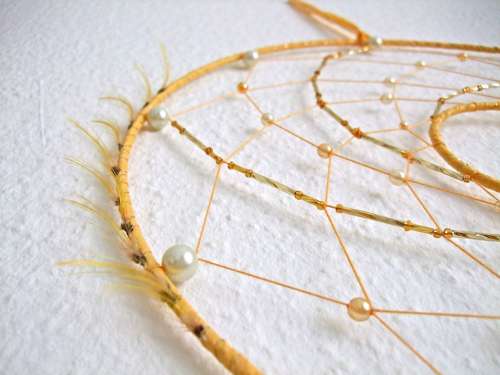 Dream Catcher Sun Feather Yellow Gold Pearl Web