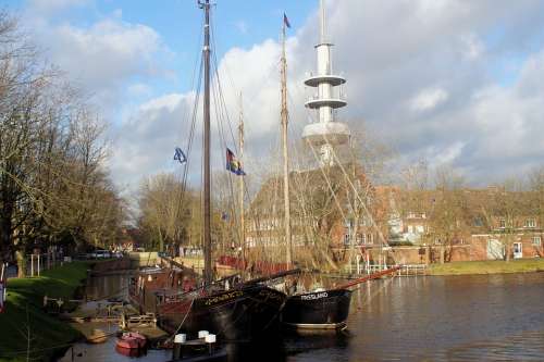 Emden Port City Tv Tower Water Ships Idyllic