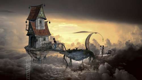 Fantasy Sky Clouds Composing Human House Airship