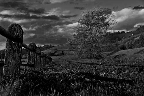Fence Fields Mood Landscape Dramatic Clouds