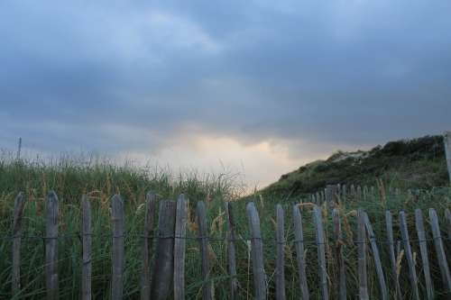 Fence Demarcation Dunes Sunset Clouds North Sea