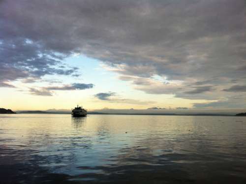 Ferry Seattle Waterfront Skyline Dawn