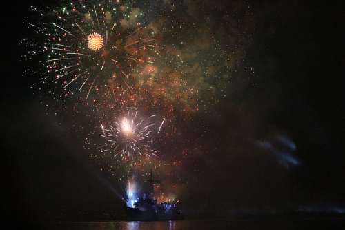 Fireworks Navy Harbor Night Battleship Water Ship