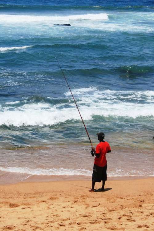 Fisherman Man Fishing Alone Beach Sand Shore Sea