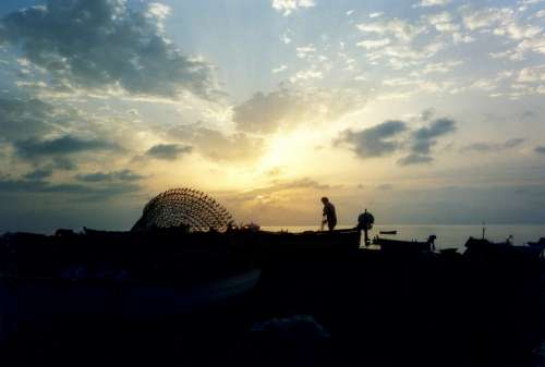 Fisherman Dawn Sea Sky Clouds Sicily