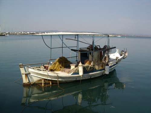 Fishing Boat Mediterranean Mirroring Greece