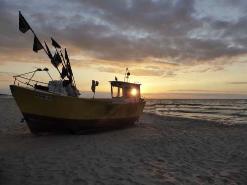 Fishing Boat The Sun Beach Sunset Clouds