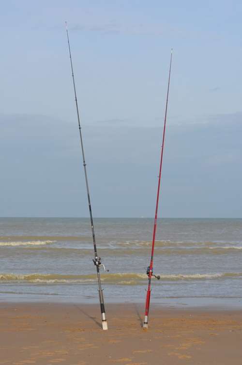 Fishing Rod Beach Sea Waves Water