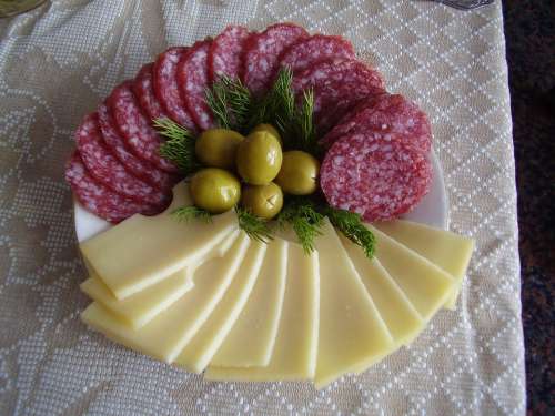 Food Salad Sausage Cheese Olives