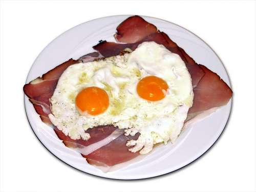 Fried Eggs Egg Yolk Bacon Food Eat Edible Plate