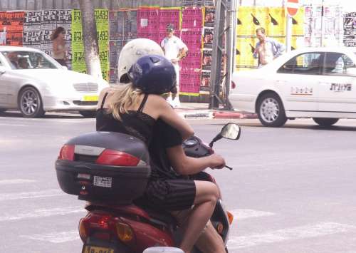 Girl Hugging Guy Helmet Motorcycle Scooter Street