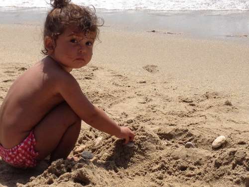 Girl Child Infant Kid Play Sea Sand Beach