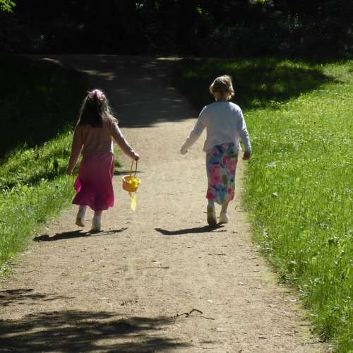 Girl Children Away Go Shadow Grass Run Dresses