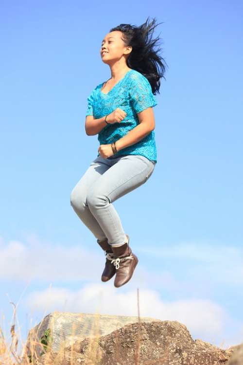 Girl Chinese Jump Woman Happy Movement Female