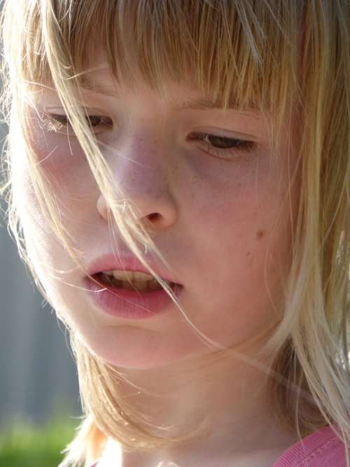 Girl Blond Face Thoughts Wind Mouth Skin Child