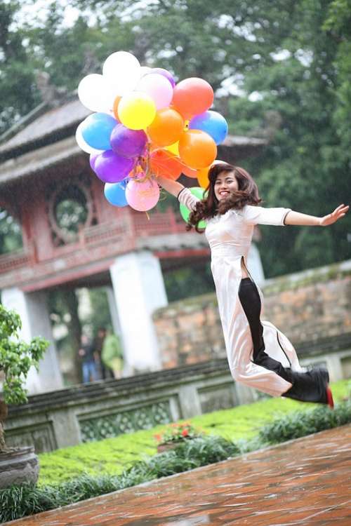 Girl Asian Balloons Freedom Jump Woman Happy