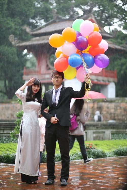 Girl Boy Couple Asian Balloons Woman Asia Man