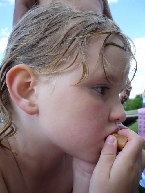 Girl Eat Nibble Swim Summer Wet Hair Child
