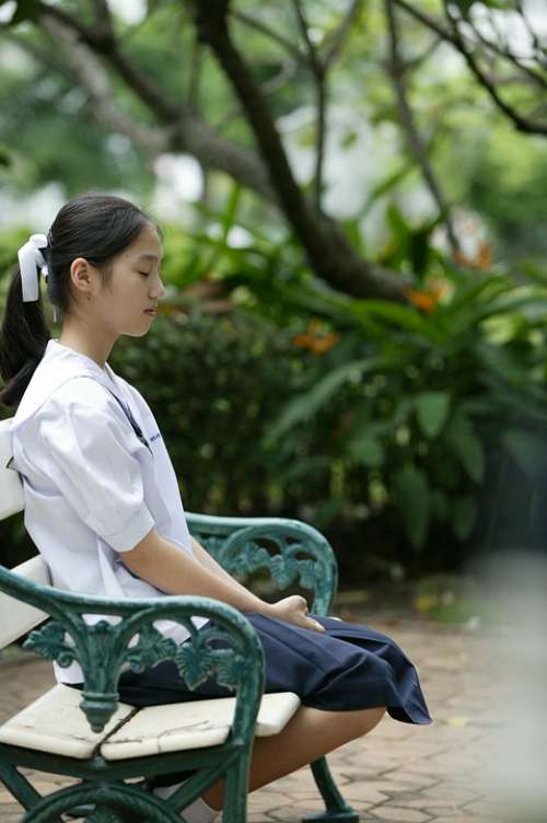 Girl Bench Asian Sitting Park Thailand Asia