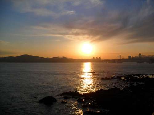 Glow Sea Sunset Sky When Busan Haeundae Beach
