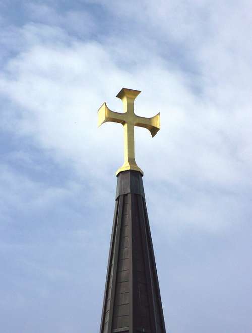 Gold Cross Steeple Sky Clouds Church Faith