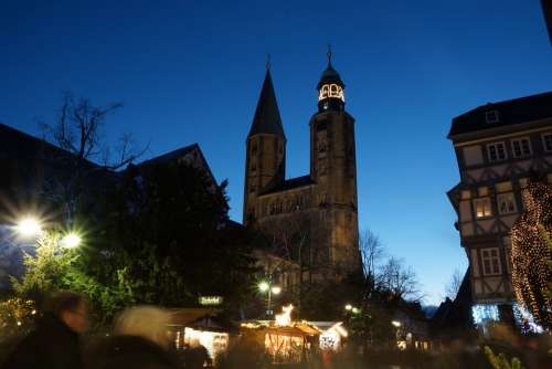 Goslar Church Tower Evening Blue Hour Twilight
