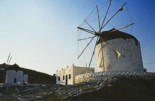 Greece Ios Greek Island Windmill Evening Sun