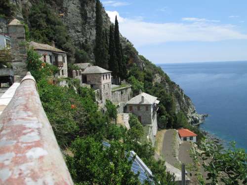 Greek Buildings Sea Houses Mountain Monastery