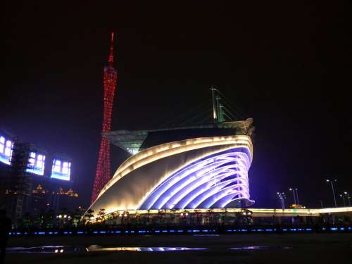 Guangzhou China Opera House Night Evening Light