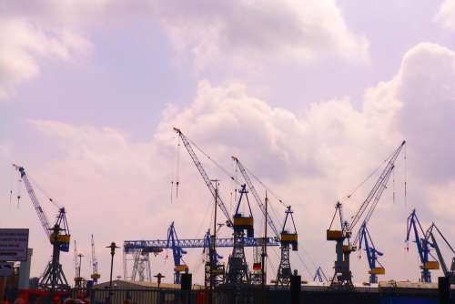Hamburg Port Cranes Seaport Jib Crane Clouds