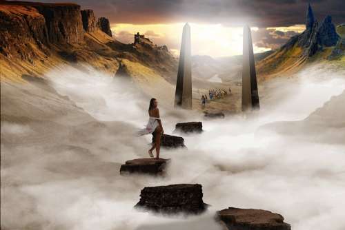 Heaven Paradise Souls Obelisk Dawn Mountains