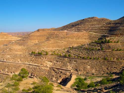 Hill Embankment Shrubs Sky Blue Tunisia