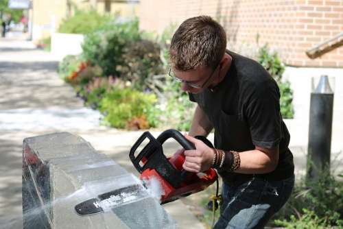 Ice Sculpture Man Outside Sawing Male Saw Person