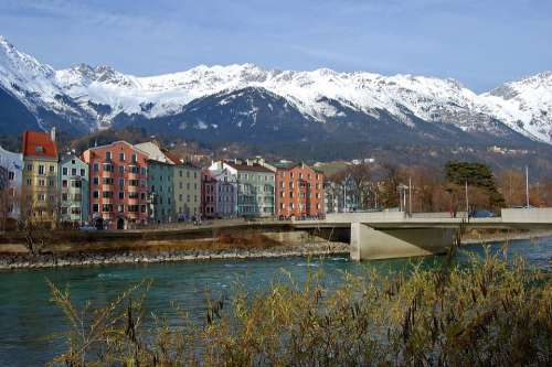 Innsbruck Mountains Houses City River Bridge Sky