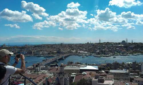 Istanbul Galata Tower View Port Water Clouds