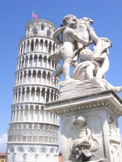 Italy Pisa Tower Statue Summer Flag Blue Sky