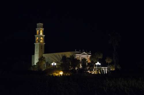 Jaffa Israel Church Night Tower Architecture
