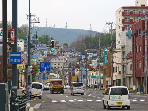 Japan Otaru Road Buildings Houses Cars City