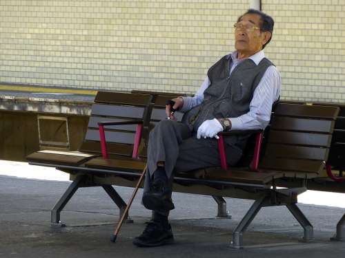 Japanese Old Man Sitting Grandpa Thinking Bench