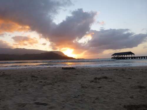 Kauai Hawaii Beach Sand Sunset Clouds Setting Sun