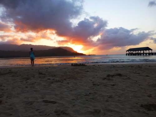 Kauai Hawaii Beach Sand Sunset Clouds Setting Sun