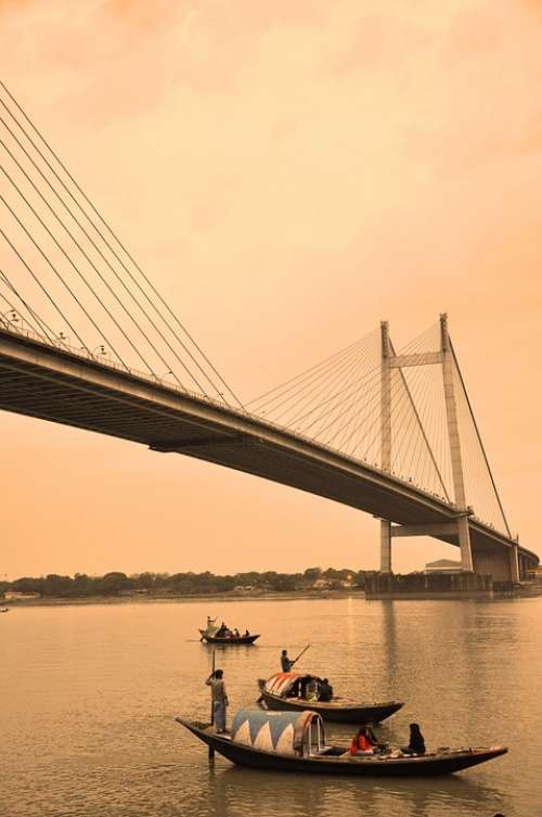 Kolkata Suspension Bridge Bridge Fishing Boats