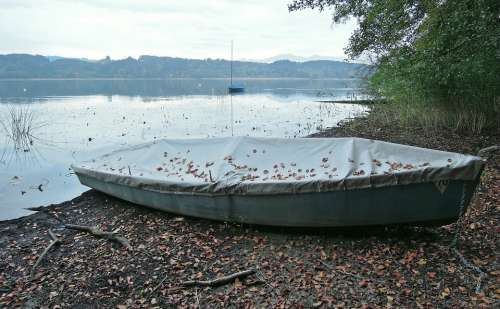 Lake Water Boat Rest Still Autumn Leaves Trueb